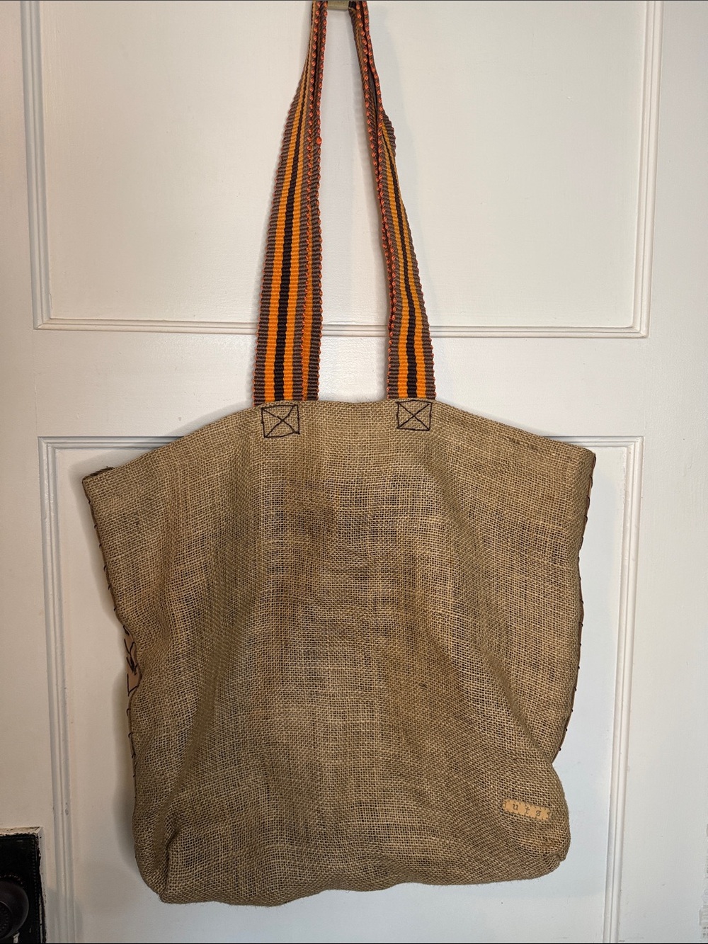 Dutzi Natural Burlap Tote with Striped Orange Handles